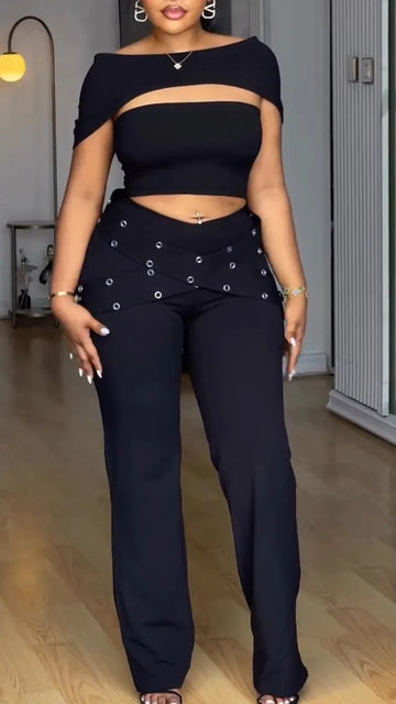 Womens Spliced Hollow Top+ Pants Casual Set with Temperament