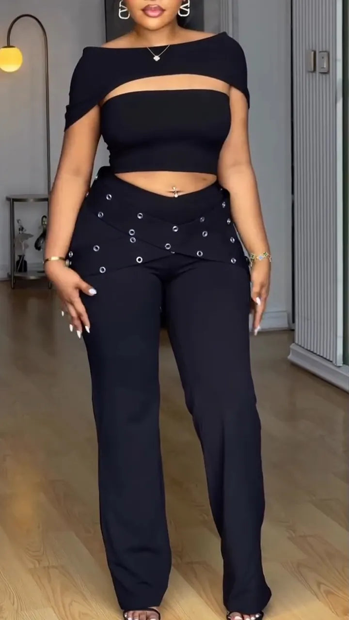 Womens Spliced Hollow Top+ Pants Casual Set with Temperament