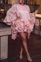 Women's Elegant Flounce Sleeve Multi Tiered Hem Layered Romantic Dress