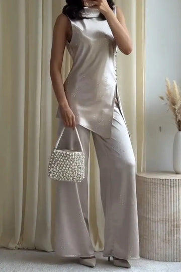 Women's Elegant Satin Rhinestone Vest Pants Set