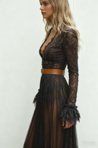 Black Floral Lace Maxi Dress with Ruffled Bell Sleeves